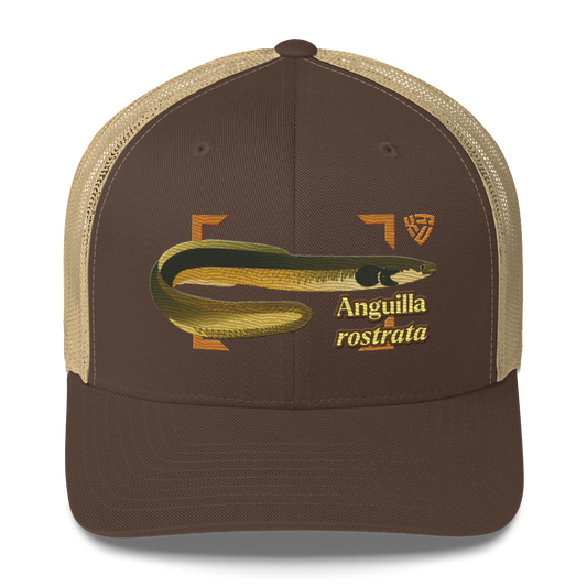 American Eel "Anguilla rostrata" Embroidered Brown & Khaki Trucker Hat Front Mockup