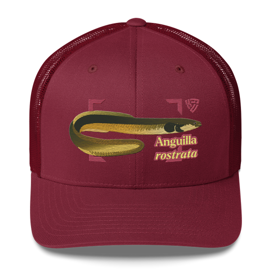 American Eel "Anguilla rostrata" Embroidered Cranberry Red Trucker Hat Front Mockup