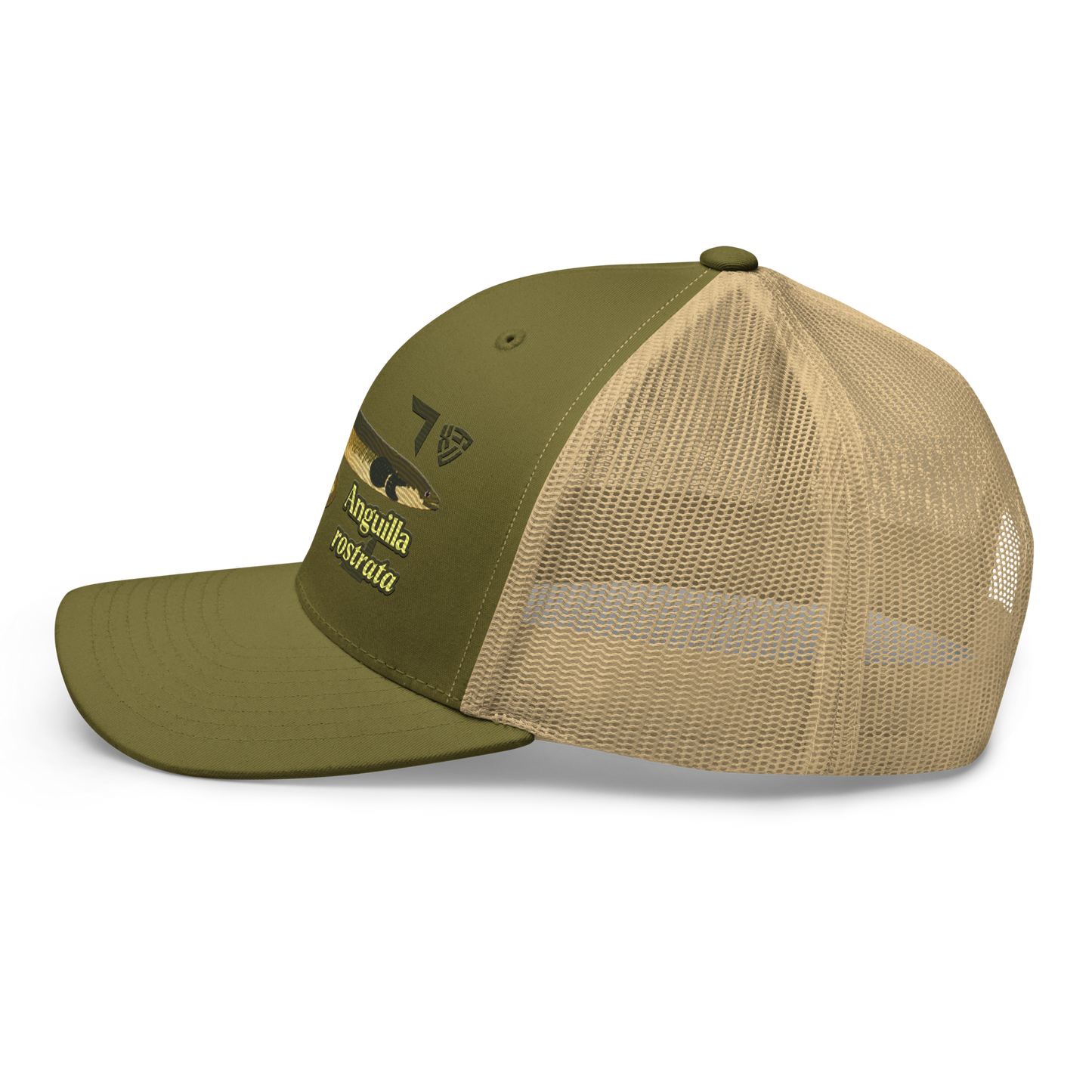 American Eel "Anguilla rostrata" Embroidered Moss Green & Khaki Trucker Hat Left Mockup