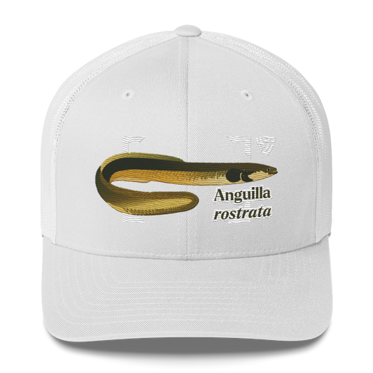 American Eel "Anguilla rostrata" Embroidered White Trucker Hat Front Mockup