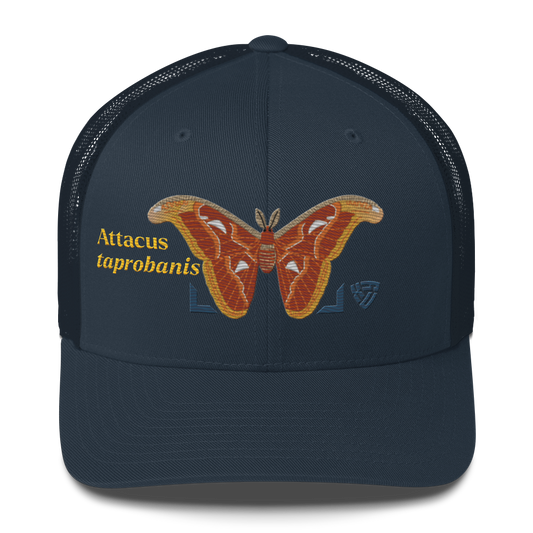 Atlas Moth "Attacus taprobanis" Embroidered Navy Blue Trucker Hat Front Mockup