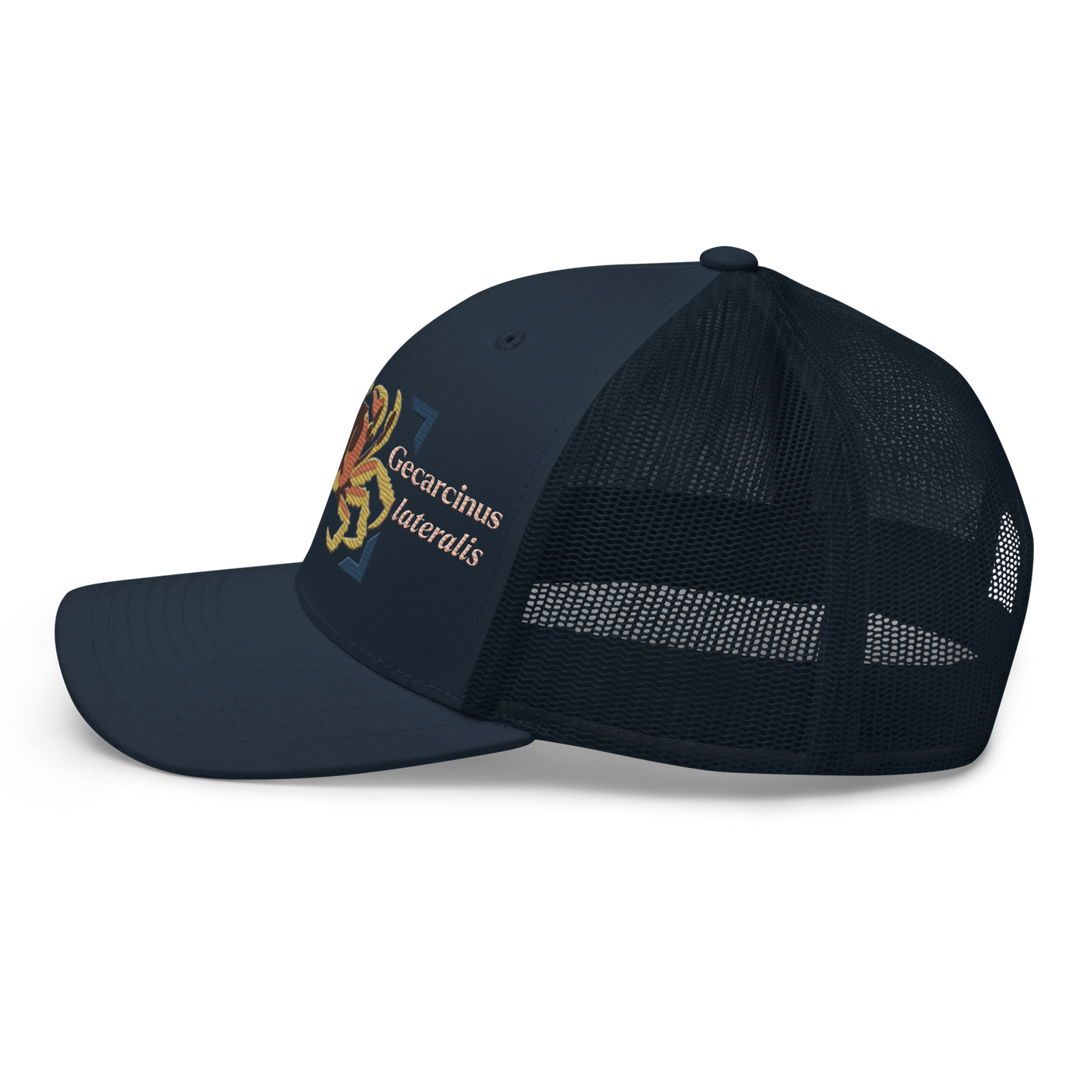 Blackback Land Crab "Gecarcinus lateralis" Embroidered Navy Blue Trucker Hat Left Mockup