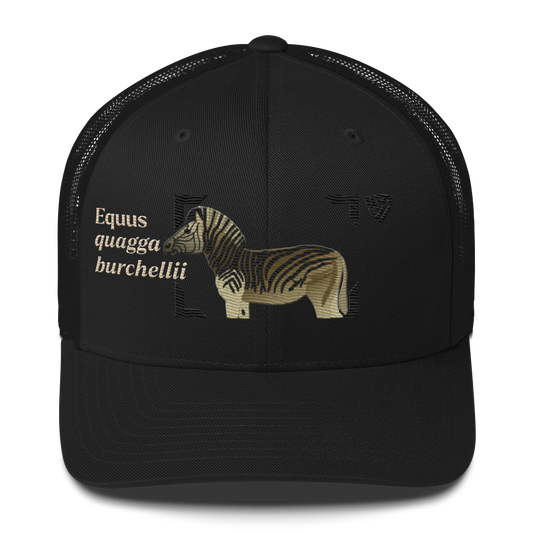 Bontequagga "Equua quagga burchellii" Embroidered Black Trucker Hat Front Mockup