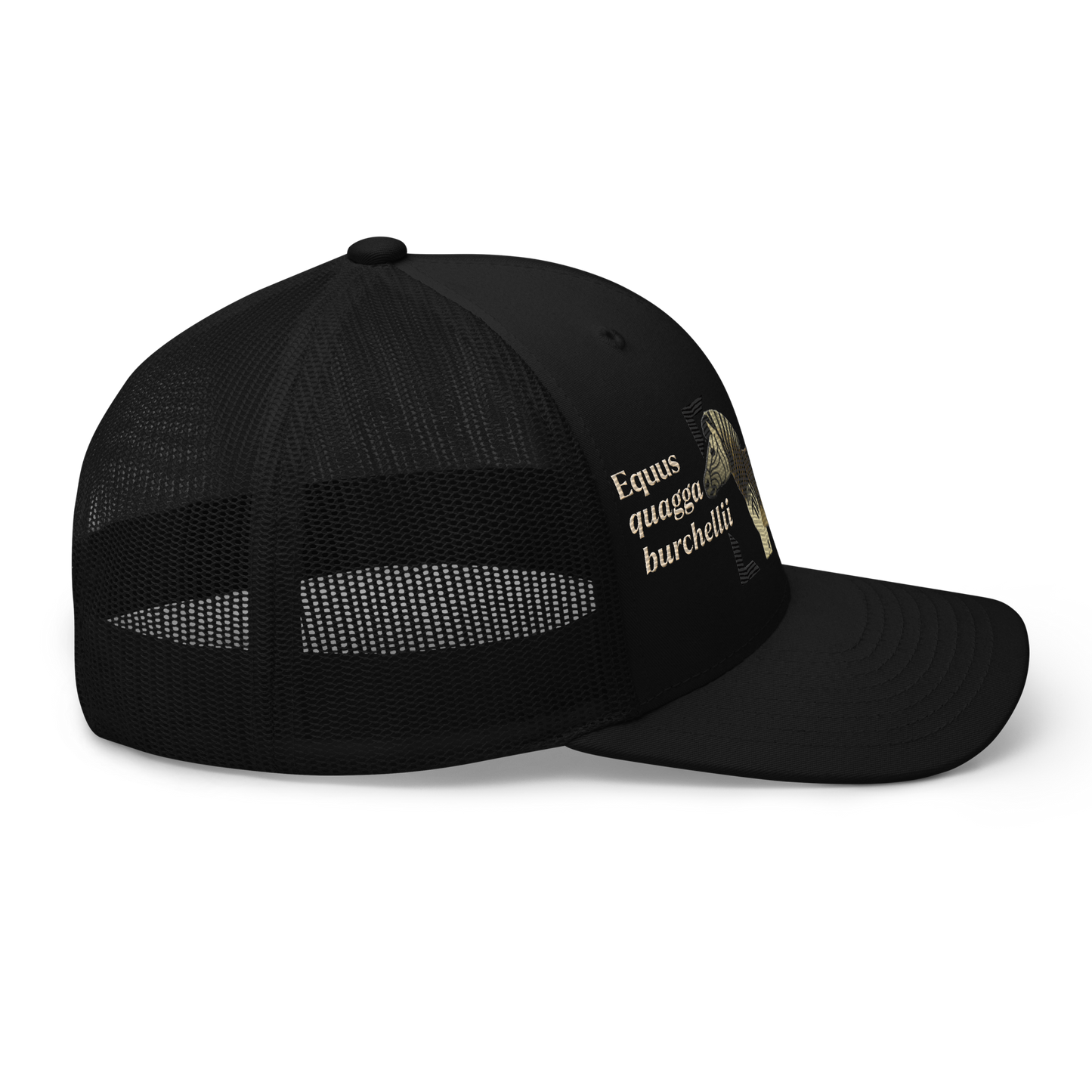 Bontequagga "Equua quagga burchellii" Embroidered Black Trucker Hat Right Mockup