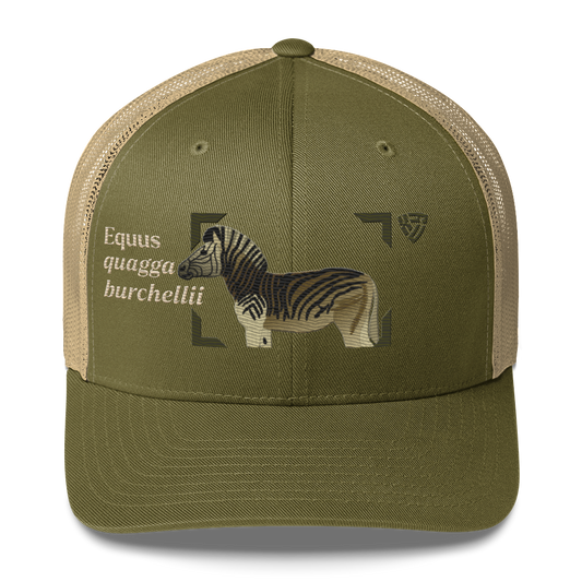 Bontequagga "Equua quagga burchellii" Embroidered Moss Green & Khaki Trucker Hat Front Mockup