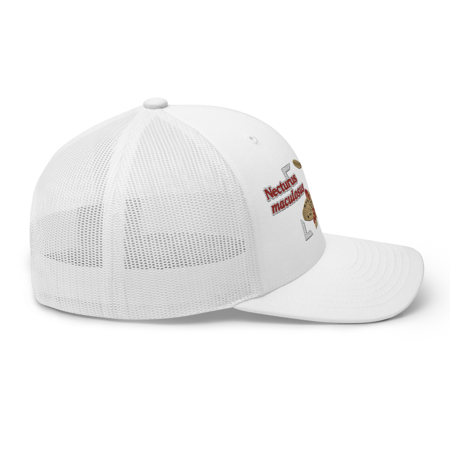 Common Mudpuppy "Necturus maculosus" Embroidered White Trucker Hat Right Mockup