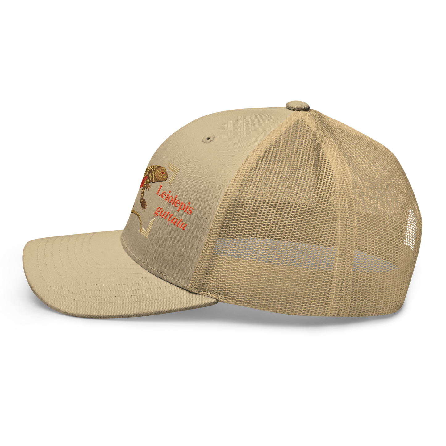 Giant Butterfly Lizard "Leiolepis guttata" Embroidered Khaki Trucker Hat Left Mockup