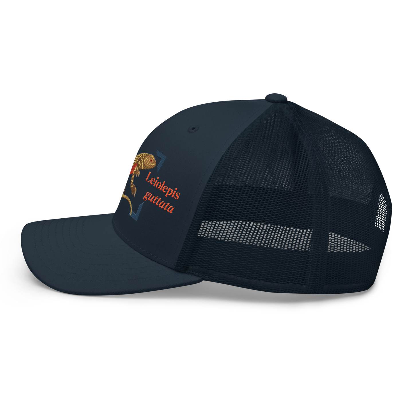 Giant Butterfly Lizard "Leiolepis guttata" Embroidered Navy Blue Trucker Hat Left Mockup