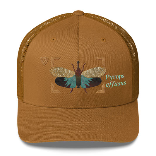 Lanternfly "Pyrops effusa" Embroidered Caramel Trucker Hat Front Mockup
