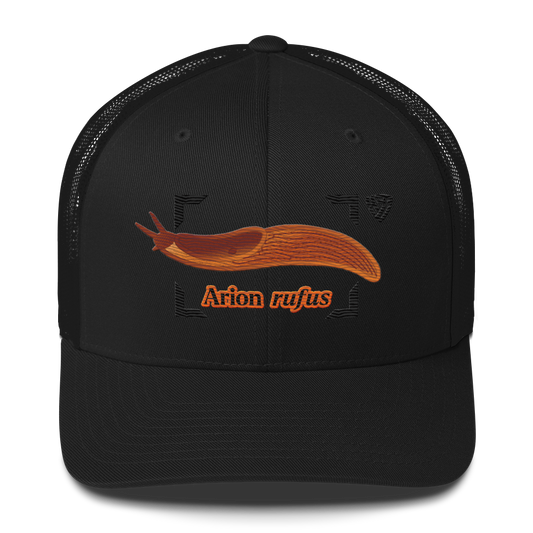 The Large Red Slug "Arion rufus" Embroidered Black Trucker Hat Front Mockup