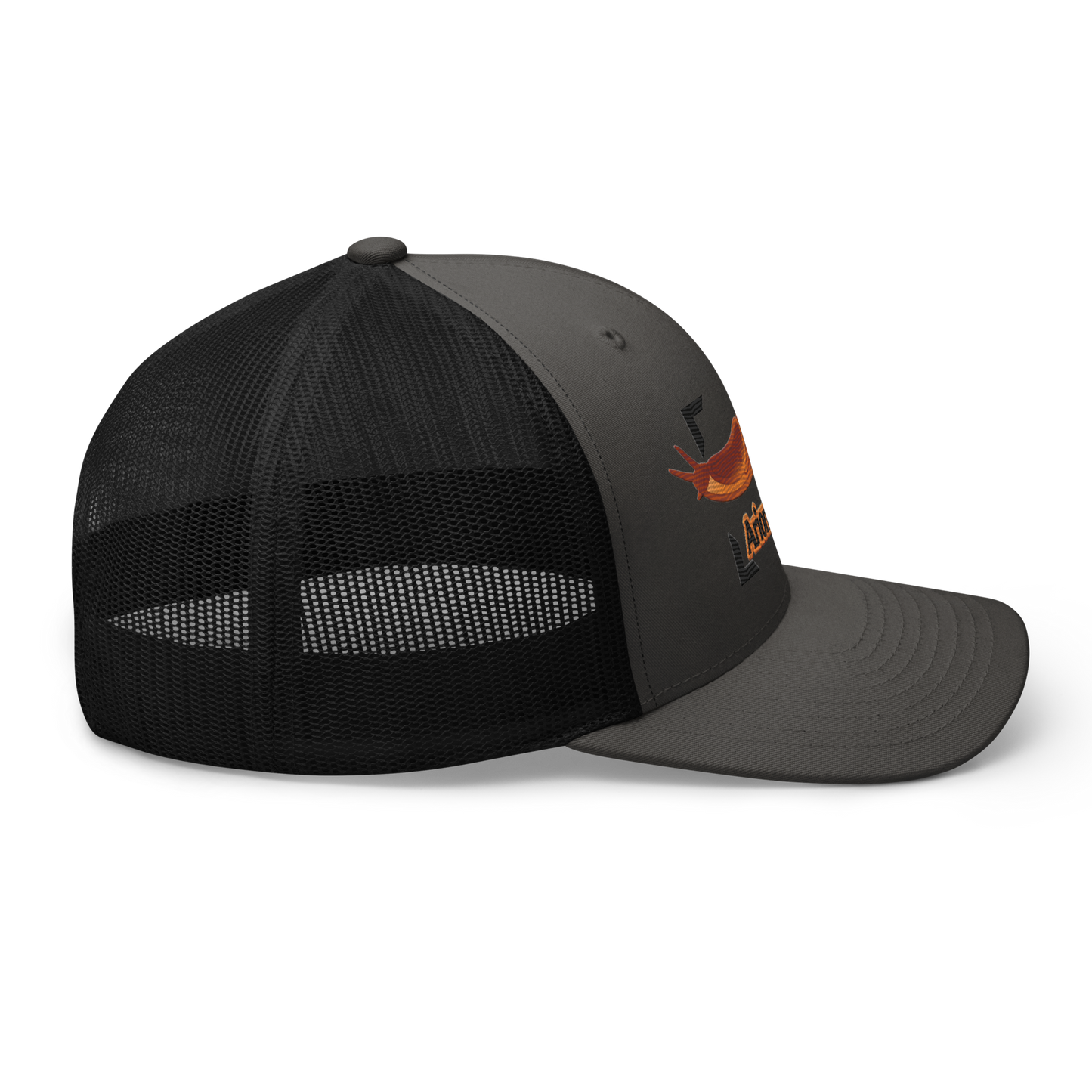 The Large Red Slug "Arion rufus" Embroidered Charcoal Grey & Black Trucker Hat Right Mockup