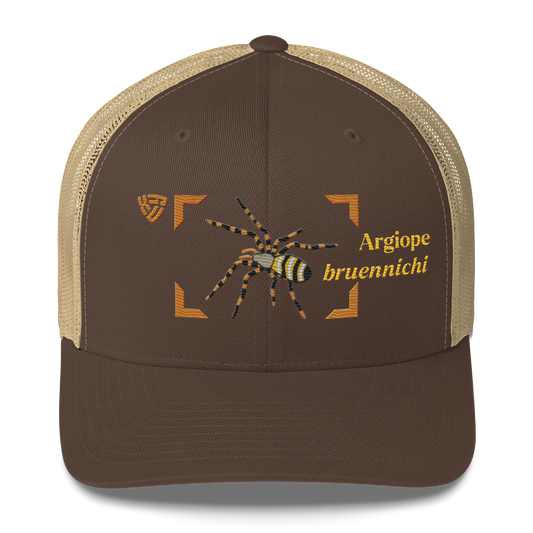 Wasp Spider "Argiope bruennichi" Embroidered Brown & Khaki Trucker Hat Front Mockup