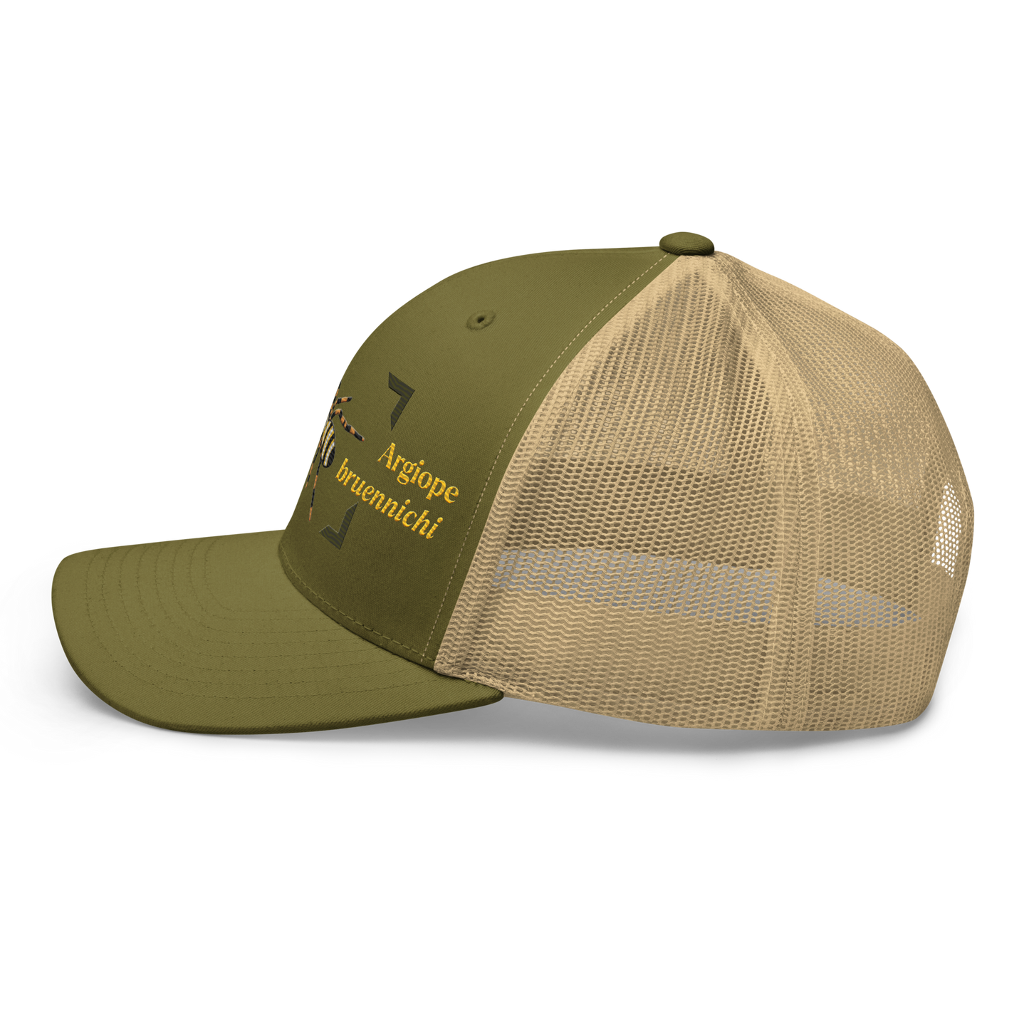 Wasp Spider "Argiope bruennichi" Embroidered Moss Green & Khaki Trucker Hat Left Mockup