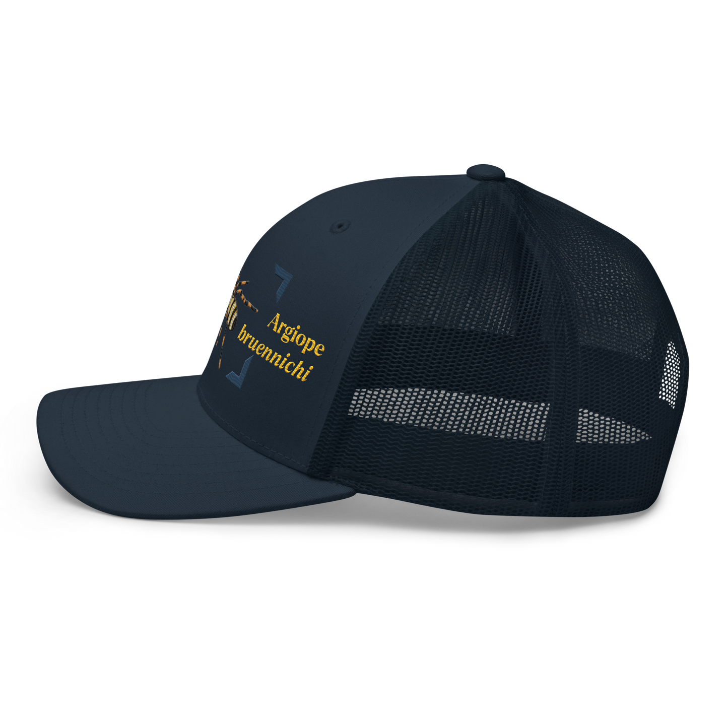 Wasp Spider "Argiope bruennichi" Embroidered Navy Blue Trucker Hat Left Mockup