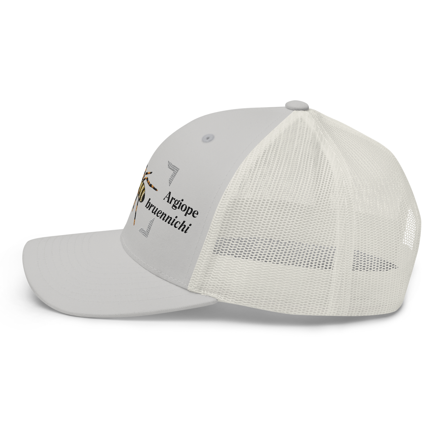 Wasp Spider "Argiope bruennichi" Embroidered Silver Trucker Hat Left Mockup