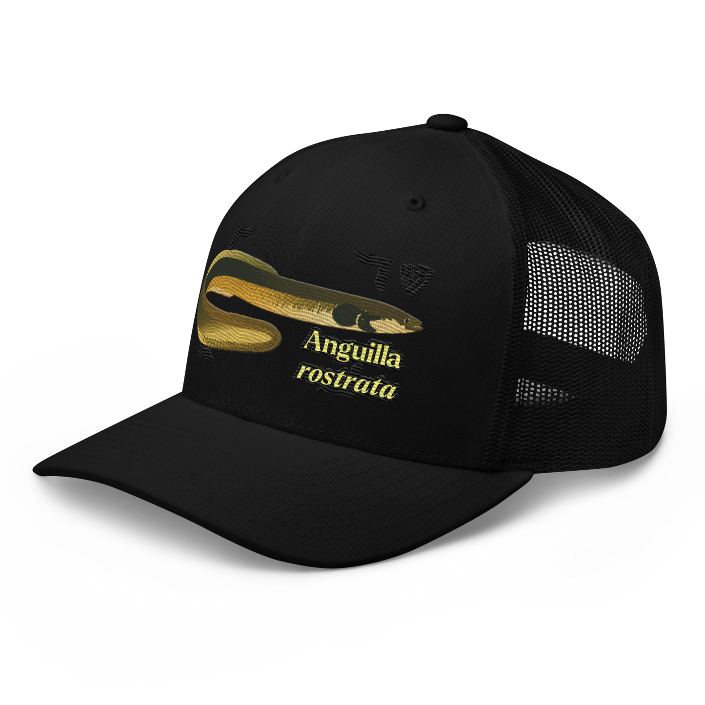 American Eel "Anguilla rostrata" Embroidered Black Trucker Hat Left Mockup