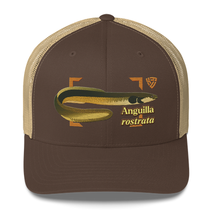 American Eel "Anguilla rostrata" Embroidered Brown & Khaki Trucker Hat Front Mockup