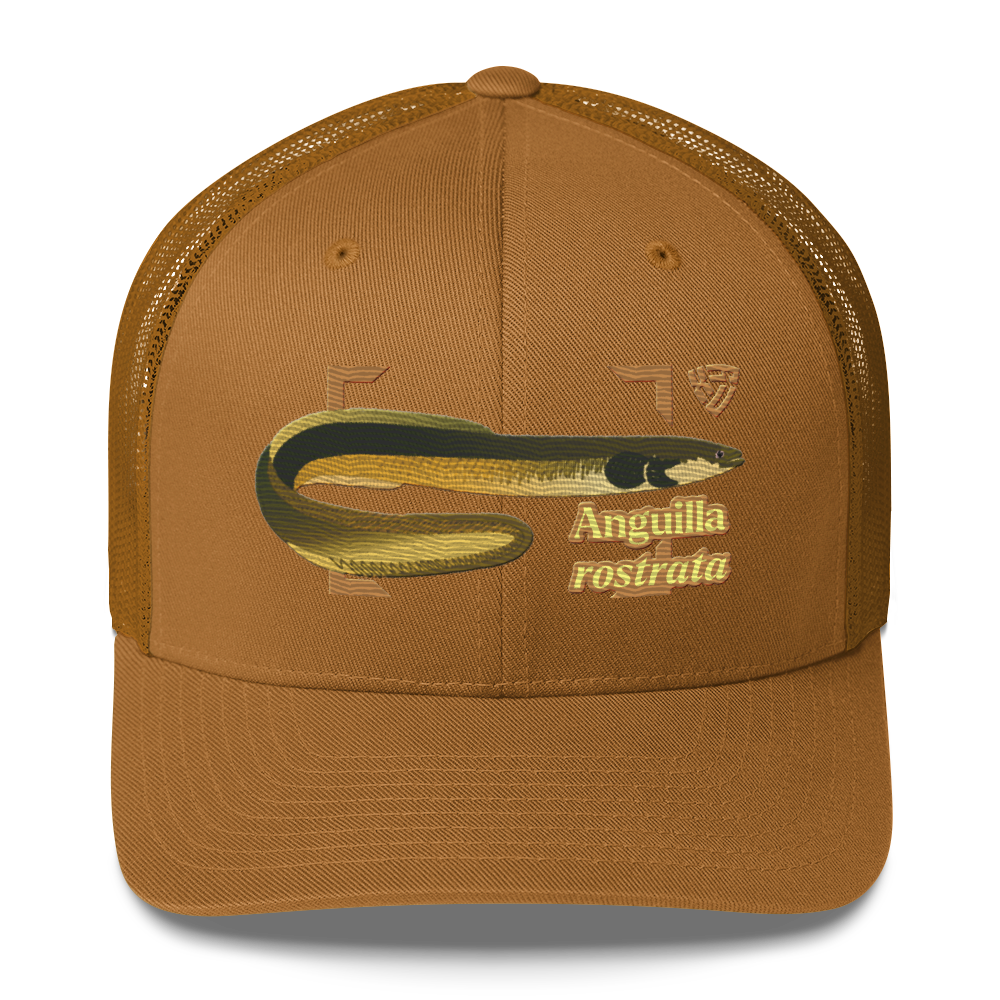 American Eel "Anguilla rostrata" Embroidered Caramel Trucker Hat Front Mockup
