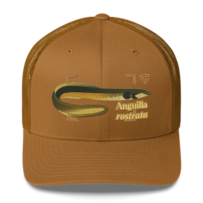 American Eel "Anguilla rostrata" Embroidered Caramel Trucker Hat Front Mockup