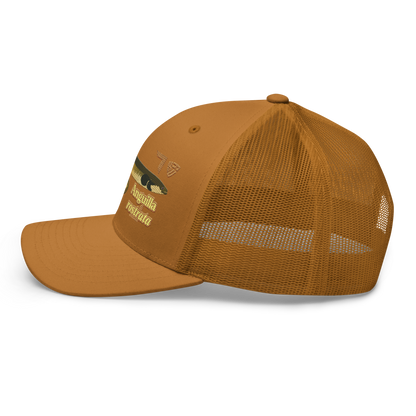 American Eel "Anguilla rostrata" Embroidered Caramel Trucker Hat Left Mockup