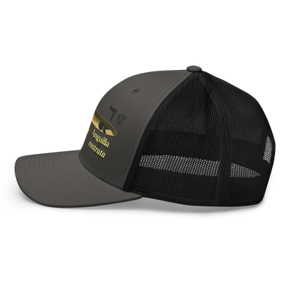 American Eel "Anguilla rostrata" Embroidered Charcoal Grey & Black Trucker Hat Left Mockup