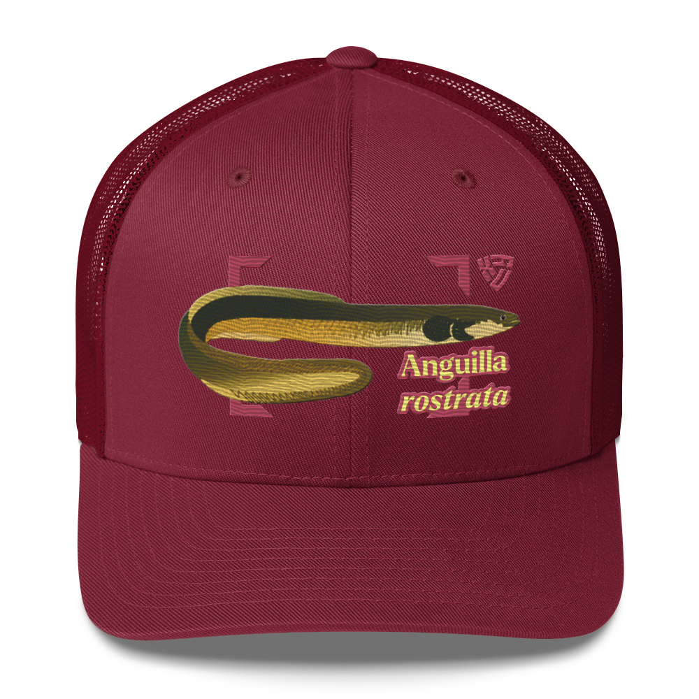 American Eel "Anguilla rostrata" Embroidered Cranberry Red Trucker Hat  Front Mockup