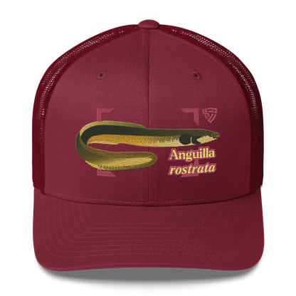 American Eel "Anguilla rostrata" Embroidered Cranberry Red Trucker Hat  Front Mockup