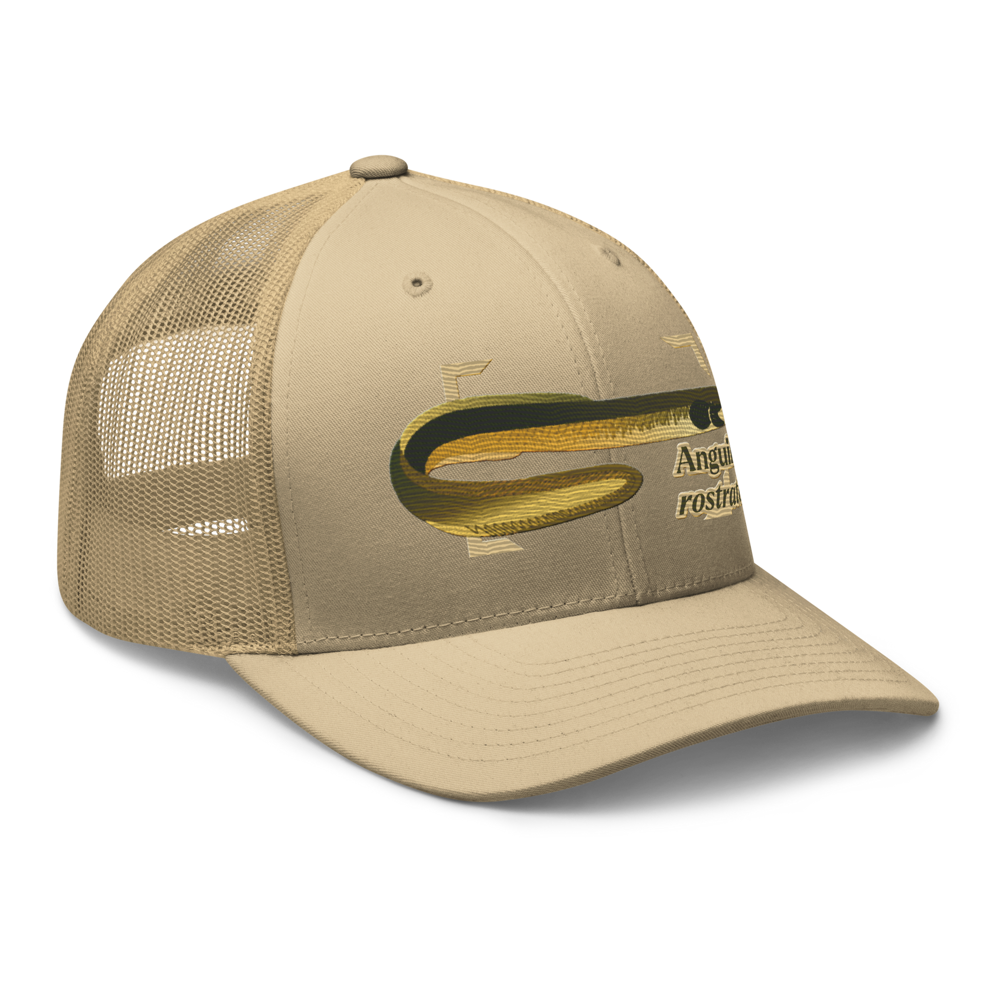 American Eel "Anguilla rostrata" Embroidered Khaki Trucker Hat Right Front Mockup