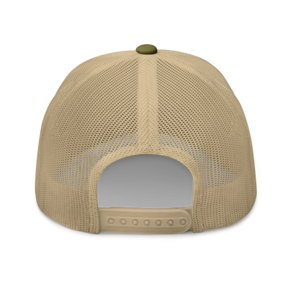 American Eel "Anguilla rostrata" Embroidered Moss Green & Khaki Trucker Hat Back Mockup