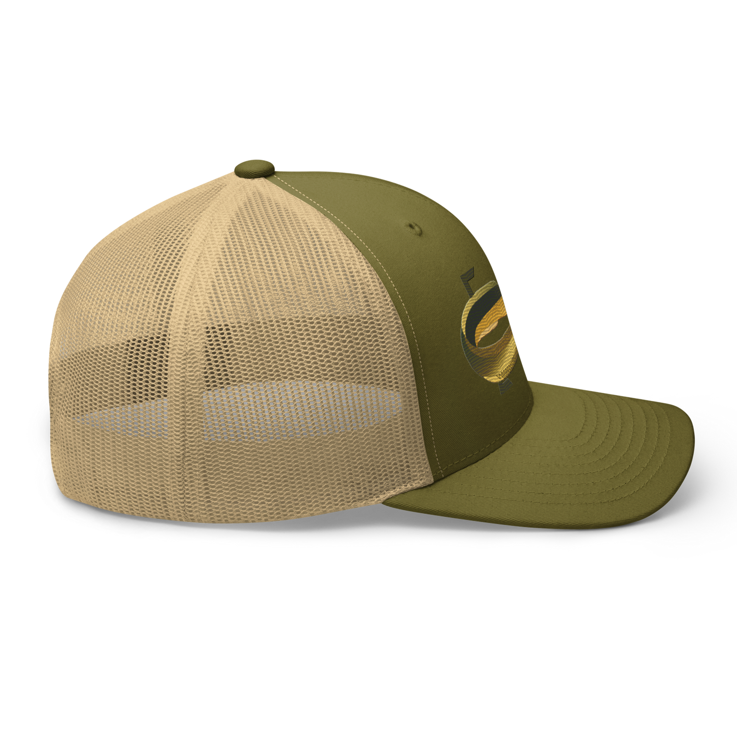 American Eel "Anguilla rostrata" Embroidered Moss Green & Khaki Trucker Hat Right Mockup