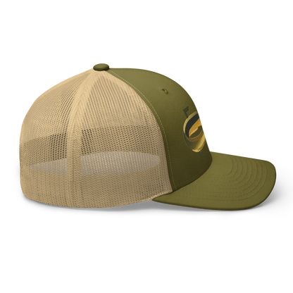 American Eel "Anguilla rostrata" Embroidered Moss Green & Khaki Trucker Hat Right Mockup
