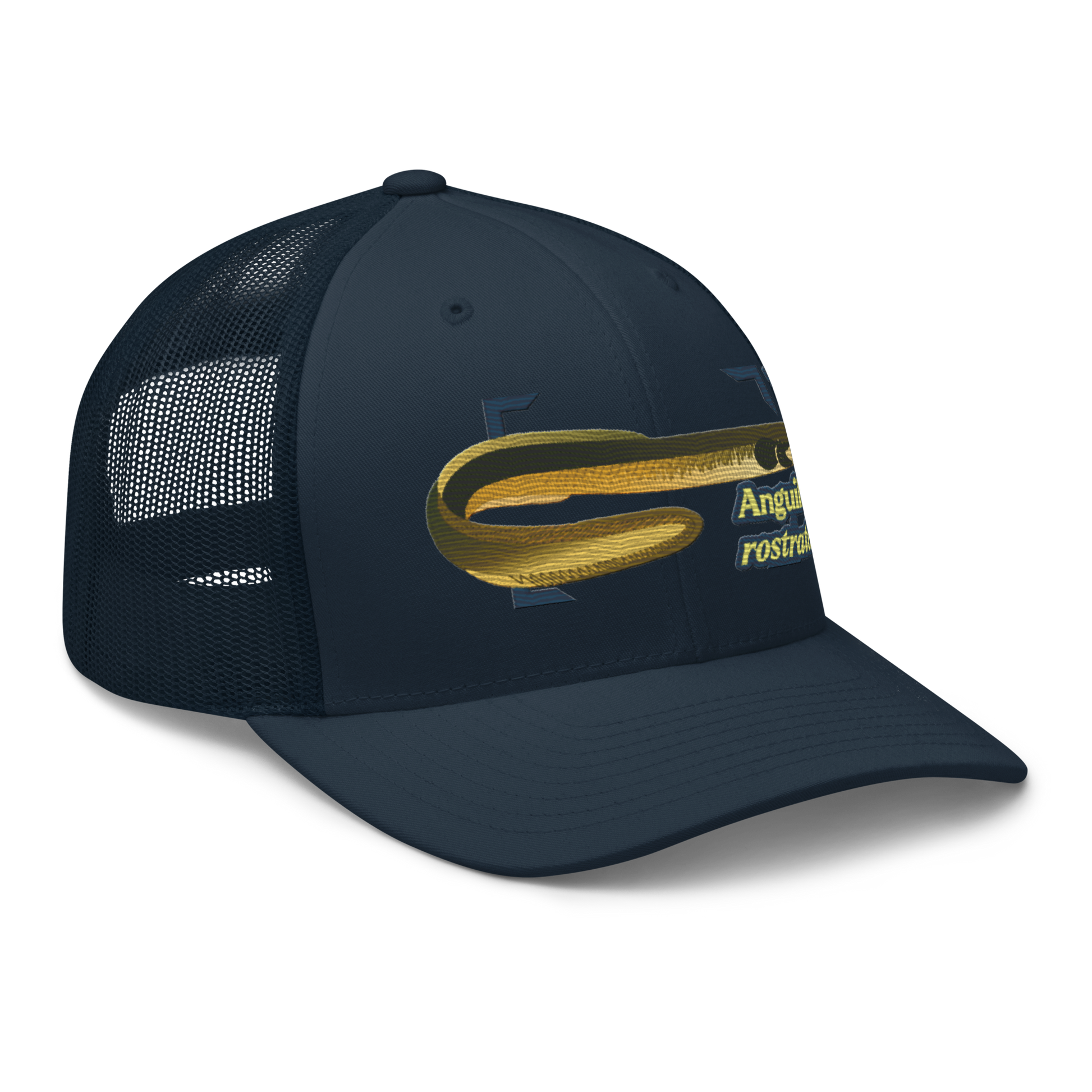 American Eel "Anguilla rostrata" Embroidered Navy Blue Trucker Hat Right Front Mockup