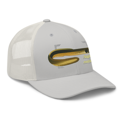 American Eel "Anguilla rostrata" Embroidered Silver Trucker Hat Right Front Mockup