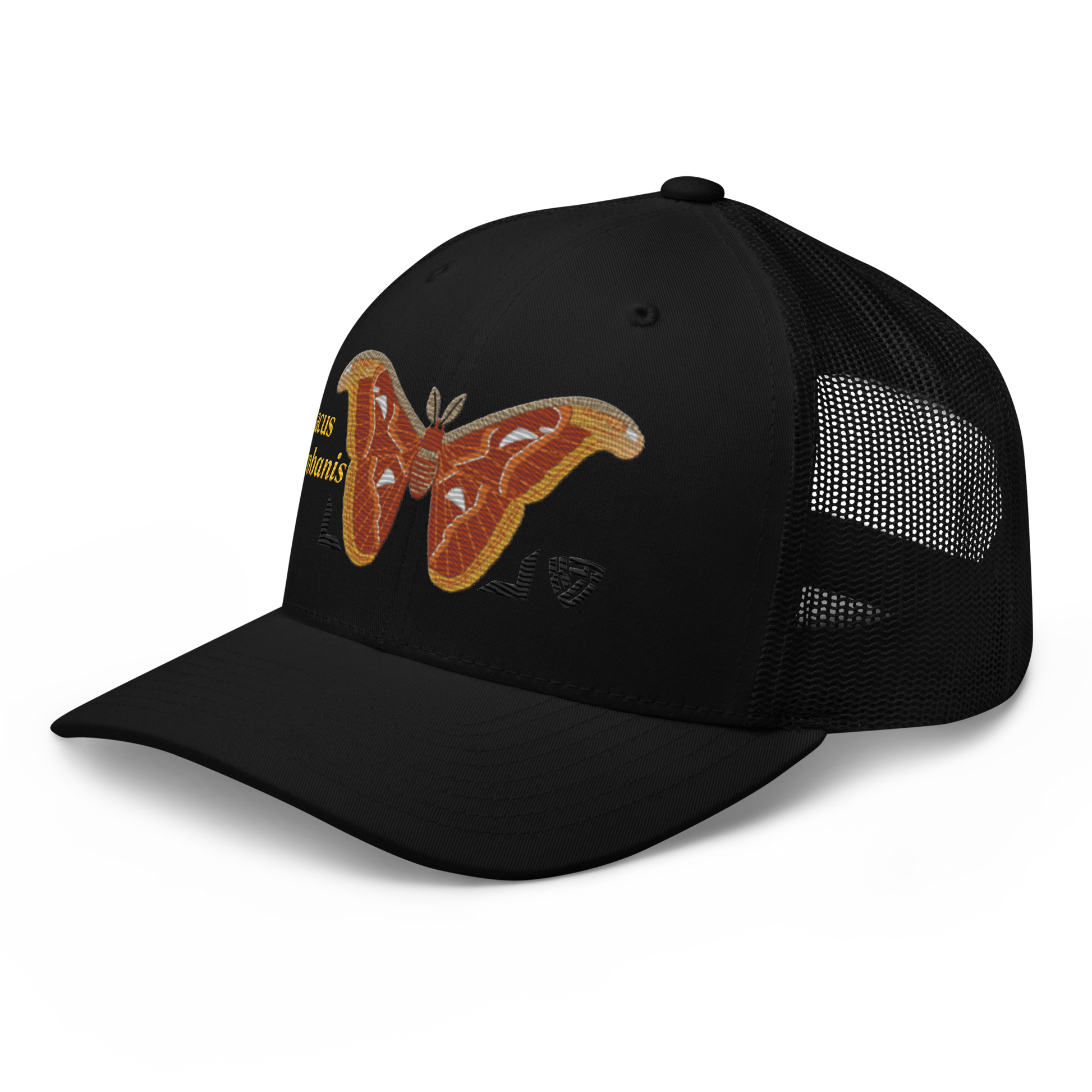 Atlas Moth "Attacus taprobanis" Embroidered Black Trucker Hat Left Front Mockup
