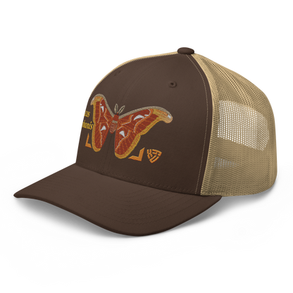Atlas Moth "Attacus taprobanis" Embroidered Brown & Khaki Trucker Hat Left Front Mockup