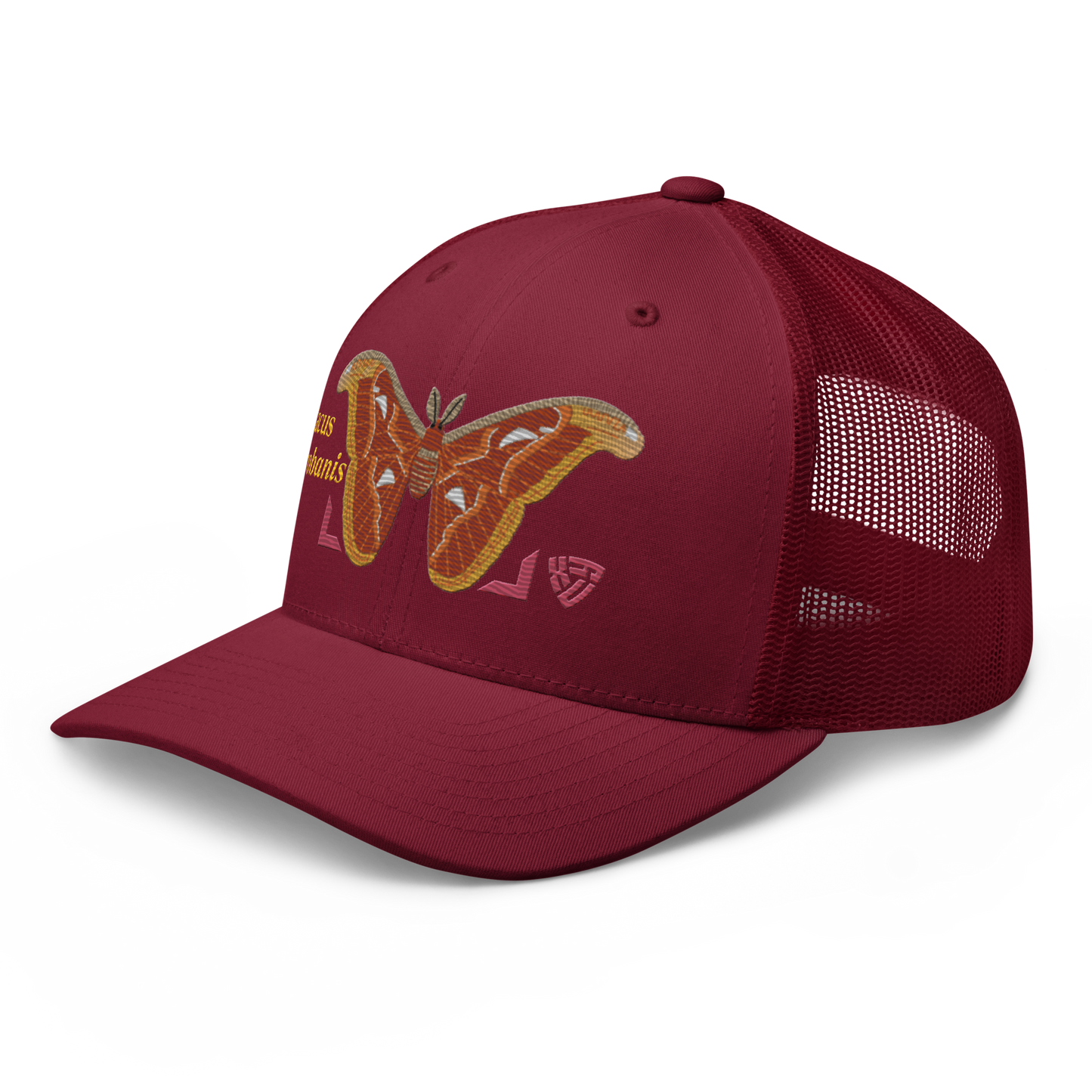 Atlas Moth "Attacus taprobanis" Embroidered Cranberry Red Trucker Hat Left Front Mockup