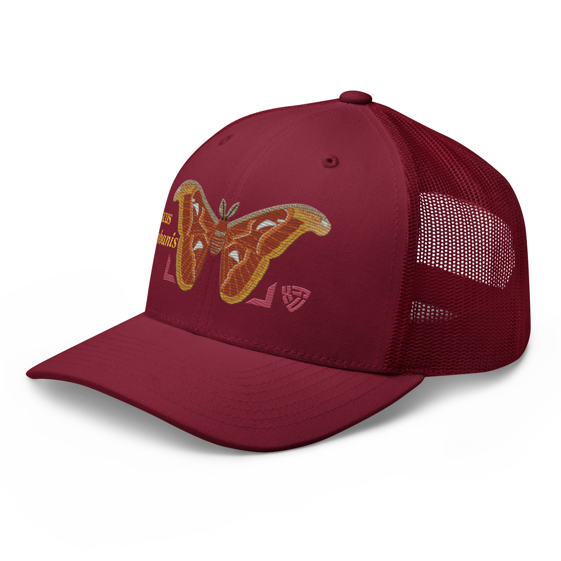 Atlas Moth "Attacus taprobanis" Embroidered Cranberry Red Trucker Hat Left Front Mockup