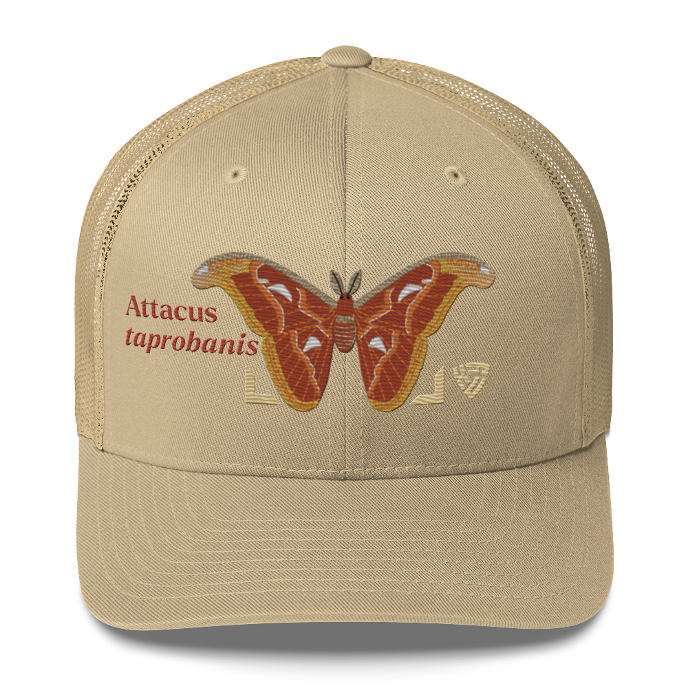 Atlas Moth "Attacus taprobanis" Embroidered Khaki Trucker Hat Front Mockup