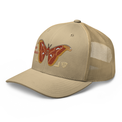 Atlas Moth "Attacus taprobanis" Embroidered Khaki Trucker Hat Left Front Mockup