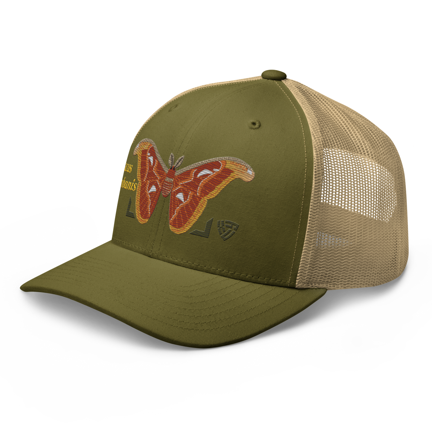 Atlas Moth "Attacus taprobanis" Embroidered Moss Green & Khaki Trucker Hat Left Front Mockup