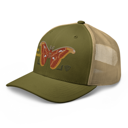 Atlas Moth "Attacus taprobanis" Embroidered Moss Green & Khaki Trucker Hat Left Front Mockup