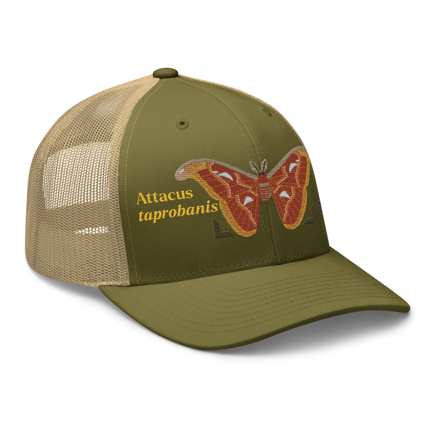 Atlas Moth "Attacus taprobanis" Embroidered Moss Green & Khaki Trucker Hat Right Front Mockup