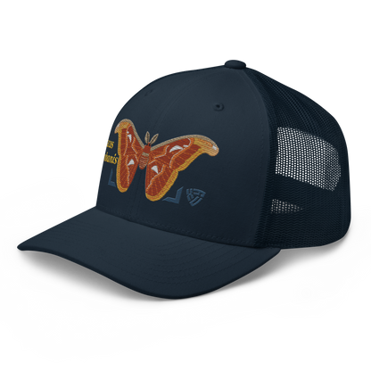Atlas Moth "Attacus taprobanis" Embroidered Navy Blue Trucker Hat Left Front Mockup