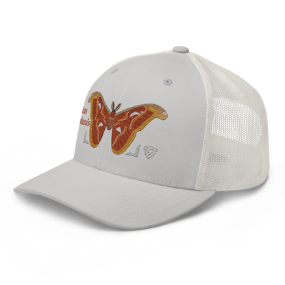 Atlas Moth "Attacus taprobanis" Embroidered Silver Trucker Hat Left Front Mockup