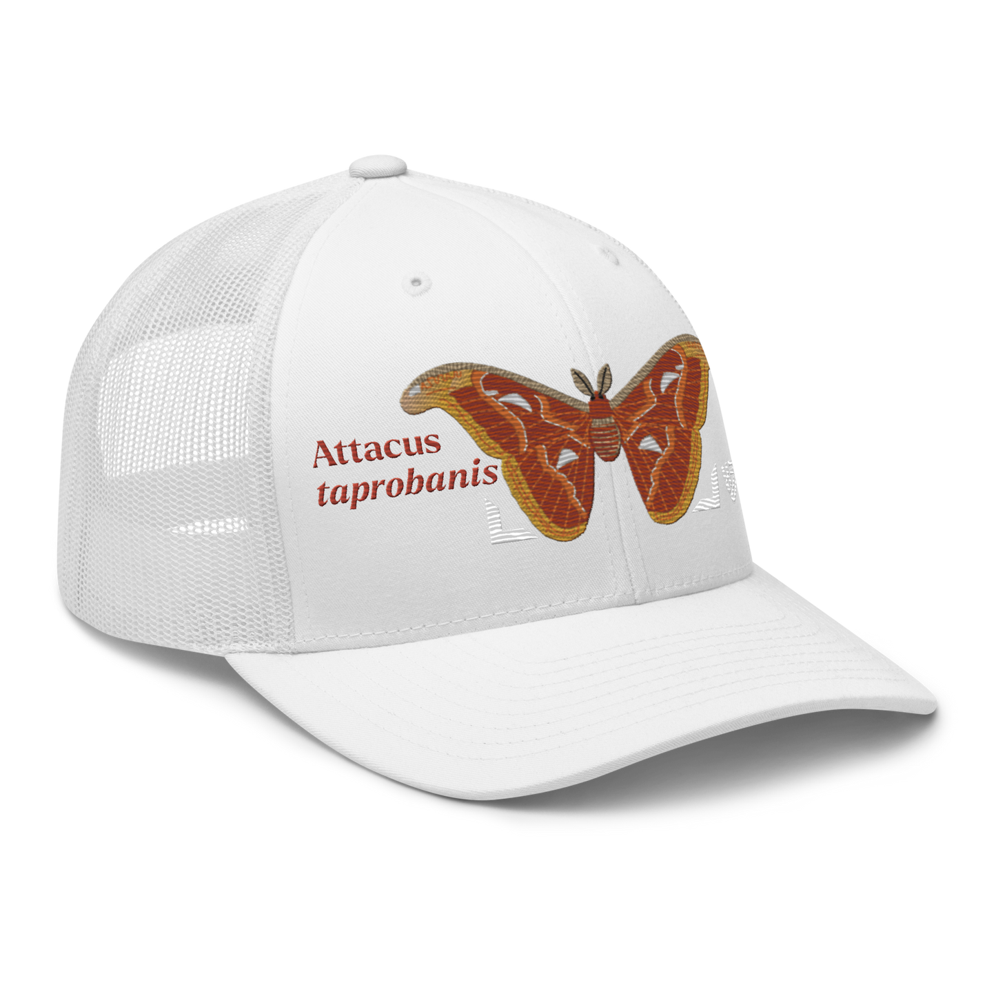 Atlas Moth "Attacus taprobanis" Embroidered White Trucker Hat Right Front Mockup