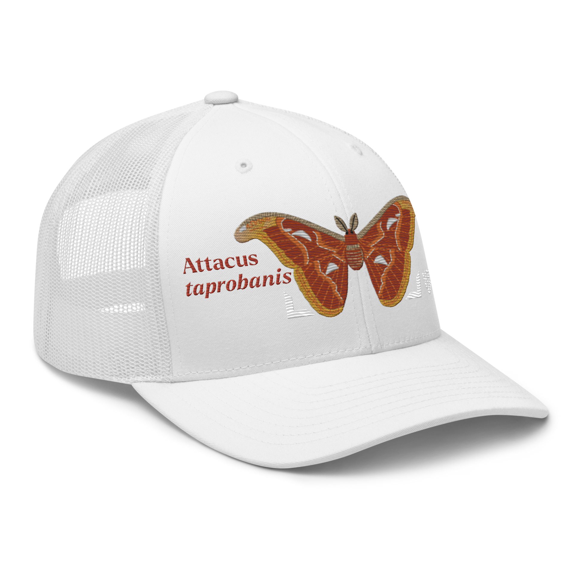 Atlas Moth "Attacus taprobanis" Embroidered White Trucker Hat Right Front Mockup