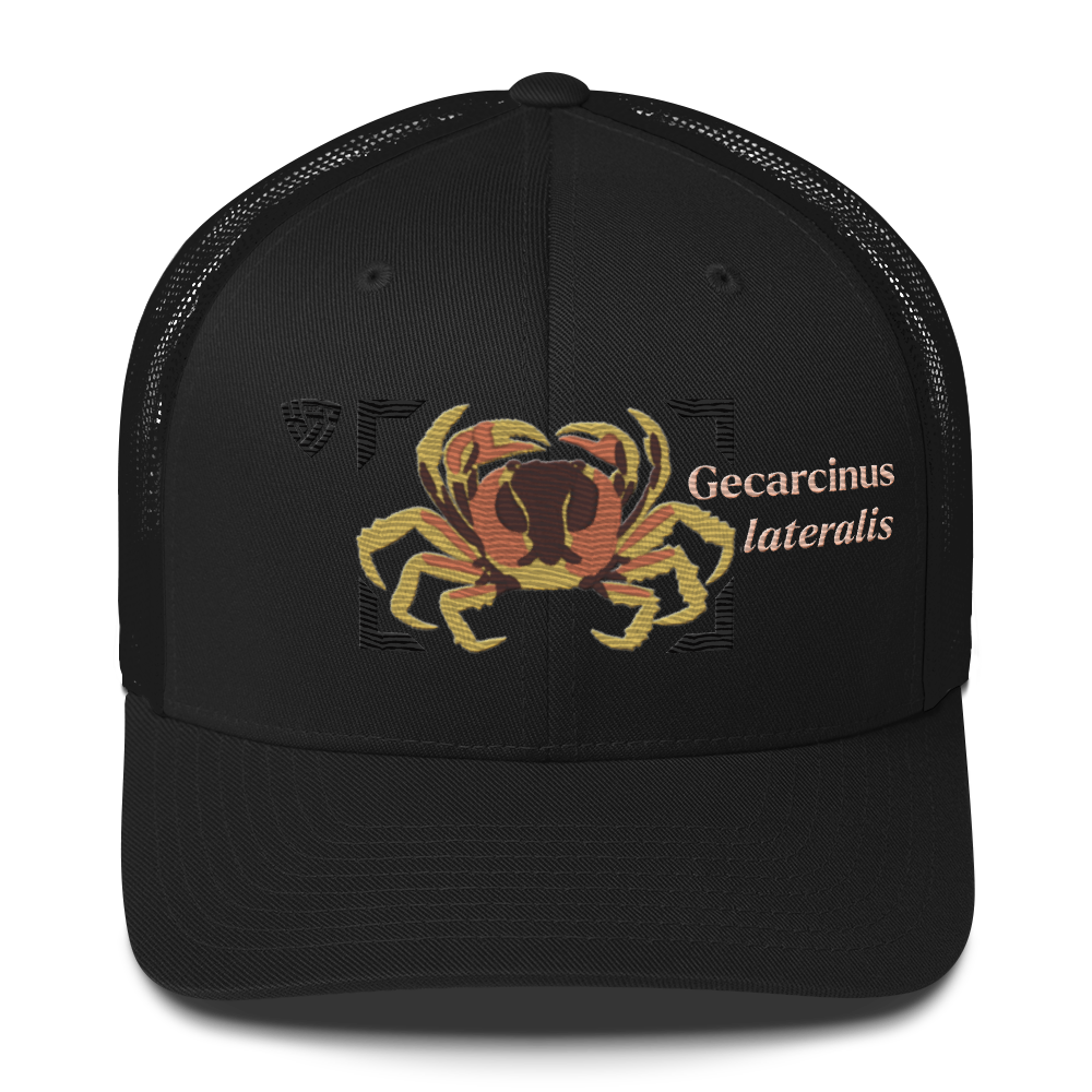 Blackback Land Crab "Gecarcinus lateralis" Embroidered Black Trucker Hat Front Mockup