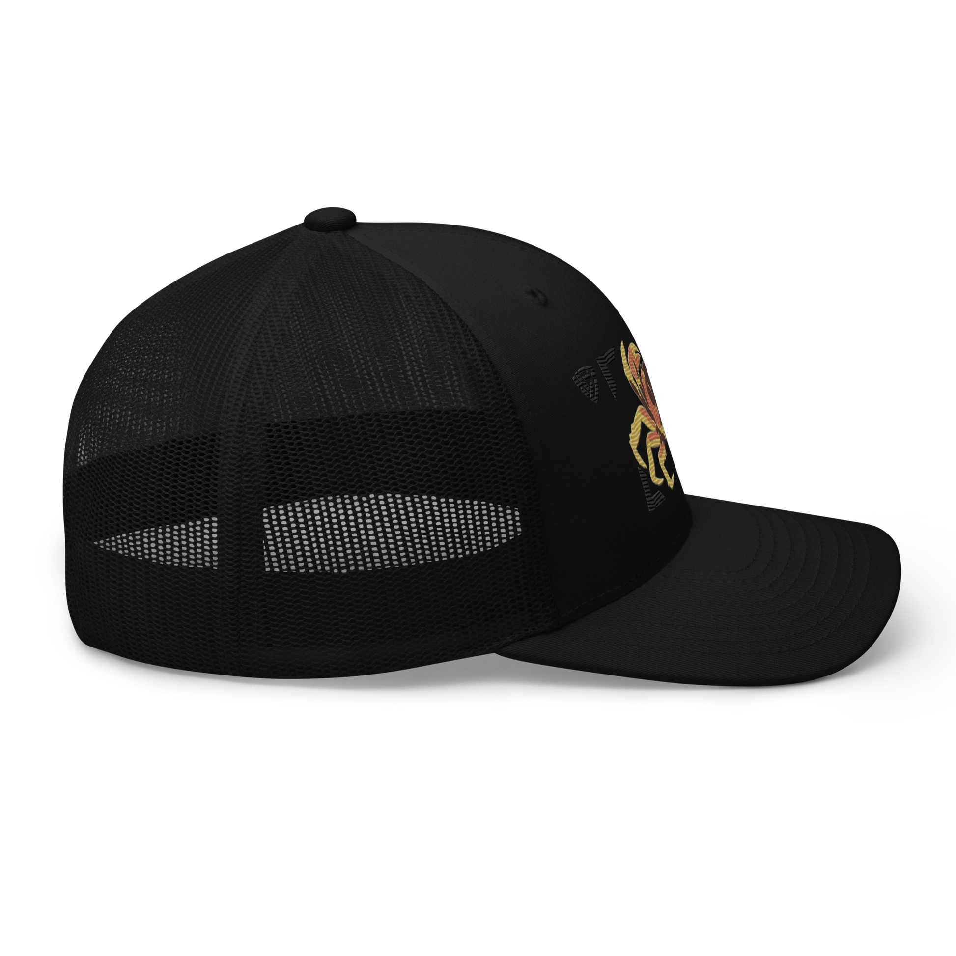 Blackback Land Crab "Gecarcinus lateralis" Embroidered Black Trucker Hat Right Mockup