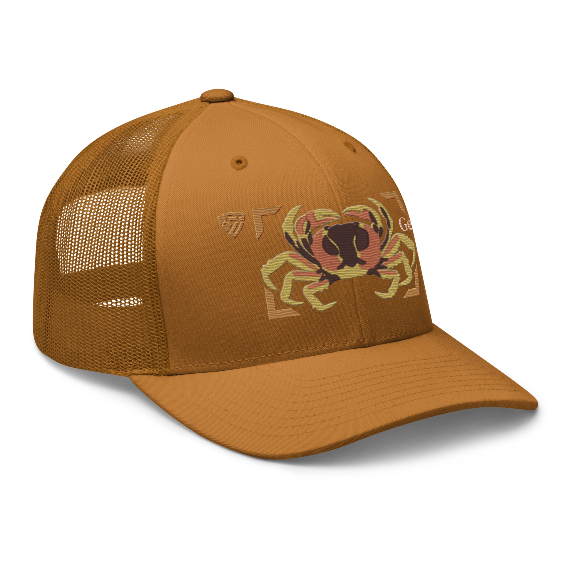 Blackback Land Crab "Gecarcinus lateralis" Embroidered Caramel Trucker Hat Right Front Mockup
