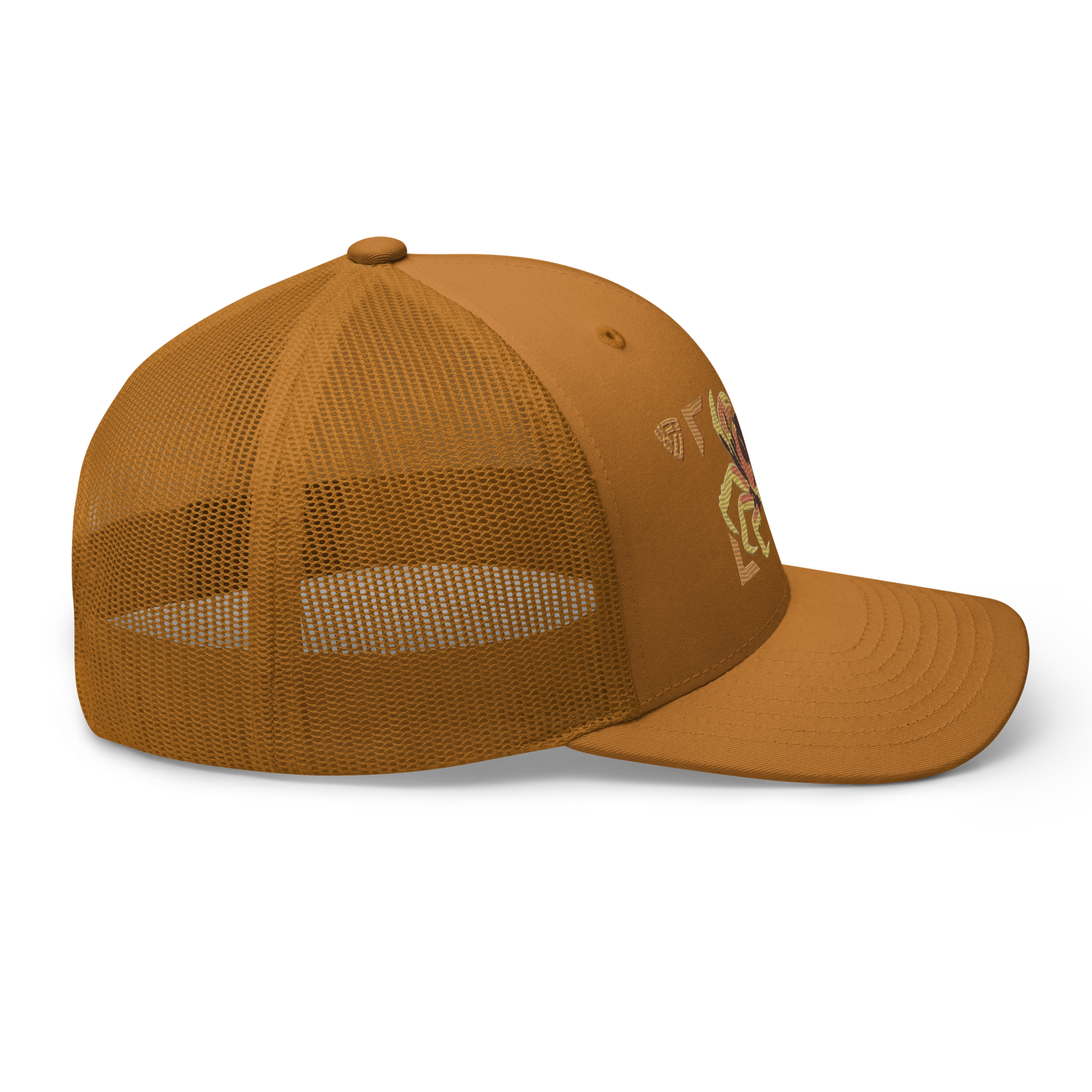 Blackback Land Crab "Gecarcinus lateralis" Embroidered Caramel Trucker Hat Right Mockup